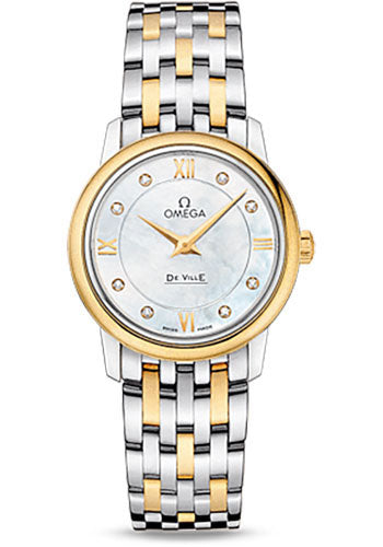 Omega De Ville Prestige Quartz Watch - 27.4 mm Steel Case - Yellow Gold Bezel - Mother-Of-Pearl Diamond Dial - Yellow Gold Bracelet - 424.20.27.60.55.001