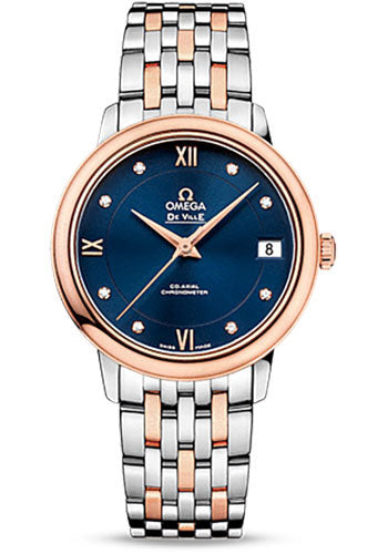 Omega De Ville Prestige Co-Axial Watch - 32.7 mm Steel Case - 18K Red Gold Bezel - Blue Diamond Dial - Red Gold-Steel Bracelet - 424.20.33.20.53.001