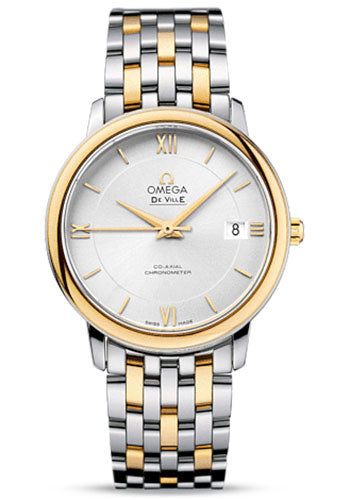 Omega De Ville Prestige Co-Axial Watch - 36.8 mm Steel Case - Yellow Gold Bezel - Silver Dial - Yellow Gold Bracelet - 424.20.37.20.02.001
