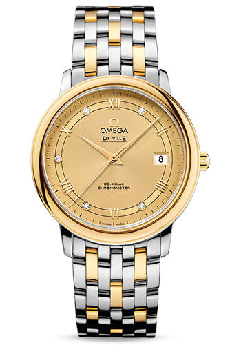 Omega De Ville Prestige Co-Axial Watch - 36.8 mm Steel Case - Yellow Gold Bezel - Champagne Diamond Dial - Steel And Yellow Gold Bracelet - 424.20.37.20.58.002