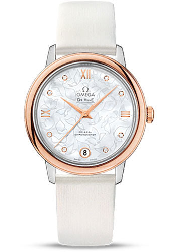 Omega De Ville Prestige Co-Axial Watch - 32.7 mm Steel Case - Red Gold Bezel - Mother-Of-Pearl Diamond Dial - White Satin-Brushed Leather Strap - 424.22.33.20.55.001