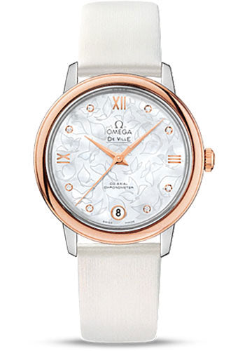 Omega De Ville Prestige Co-Axial Watch - 32.7 mm Steel Case - Red Gold Bezel - Mother-Of-Pearl Diamond Dial - White Satin-Brushed Leather Strap - 424.22.33.20.55.001
