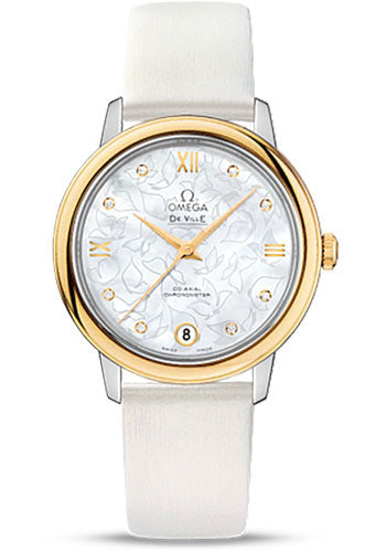Omega De Ville Prestige Co-Axial Watch - 32.7 mm Steel Case - Yellow Gold Bezel - Mother-Of-Pearl Diamond Dial - White Satin-Brushed Leather Strap - 424.22.33.20.55.002