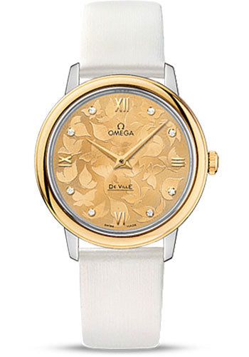 Omega De Ville Prestige Quartz Watch - 32.7 mm Steel Case - Yellow Gold Bezel - Champagne Diamond Dial - White Satin-Brushed Leather Strap - 424.22.33.60.58.001