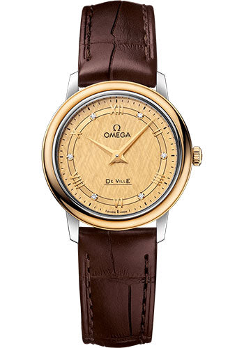 Omega De Ville Prestige Quartz Watch - 27.4 mm Steel And Yellow Gold Case - Champagne Dial - Brown Leather Strap - 424.23.27.60.58.001