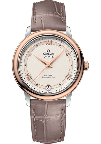 Omega De Ville Prestige Co-Axial Watch - 32.7 mm Steel And Red Gold Case - Varnished Shimmer Ivory-Beige Dial - Taupe-Brown Leather Strap - 424.23.33.20.09.001
