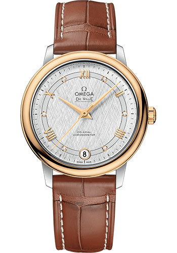 Omega De Ville Prestige Co-Axial Watch - 32.7 mm Steel And Yellow Gold Case - White Silvery Dial - Light Brown Leather Strap - 424.23.33.20.52.001