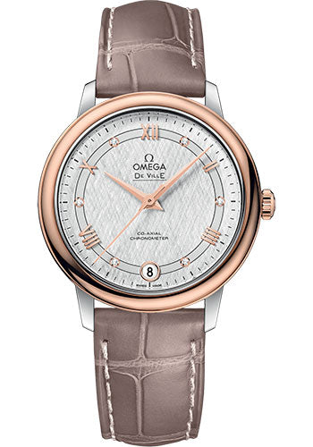 Omega De Ville Prestige Co-Axial Watch - 32.7 mm Steel And Red Gold Case - White Silvery Dial - Taupe-Brown Leather Strap - 424.23.33.20.52.002
