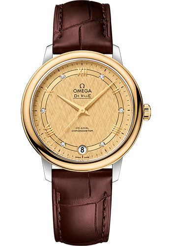 Omega De Ville Prestige Co-Axial Watch - 32.7 mm Steel And Yellow Gold Case - Champagne Dial - Brown Leather Strap - 424.23.33.20.58.001