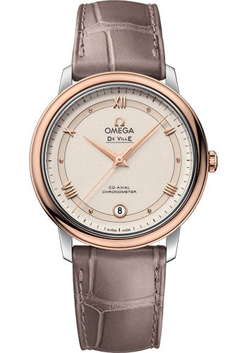 Omega De Ville Prestige Co-Axial Watch - 36.8 mm Steel And Red Gold Case - Varnished Shimmer Ivory-Beige Dial - Taupe-Brown Leather Strap - 424.23.37.20.09.001