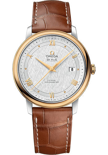 Omega De Ville Prestige Co-Axial Watch - 39.5 mm Steel And Yellow Gold Case - White Silvery Dial - Light Brown Leather Strap - 424.23.40.20.02.001