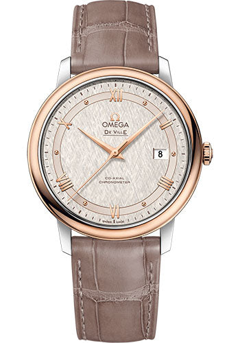 Omega De Ville Prestige Co-Axial Watch - 39.5 mm Steel And Red Gold Case - Ivory Silvery Dial - Taupe-Brown Leather Strap - 424.23.40.20.02.003