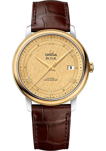 Omega De Ville Prestige Co-Axial Watch - 39.5 mm Steel And Yellow Gold Case - Champagne Dial - Brown Leather Strap - 424.23.40.20.08.001
