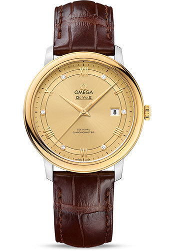 Omega De Ville Prestige Co-Axial Watch - 39.5 mm Steel Case - Yellow Gold Bezel - Champagne Diamond Dial - Brown Leather Strap - 424.23.40.20.58.001