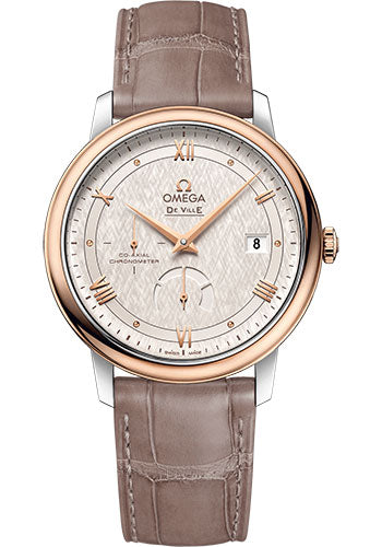 Omega De Ville Prestige Co-Axial Power Reserve Watch - 39.5 mm Steel And Red Gold Case - Ivory Silvery Dial - Taupe-Brown Leather Strap - 424.23.40.21.02.001