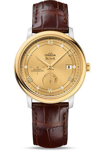 Omega De Ville Prestige Co-Axial Power Reserve Watch - 39.5 mm Steel Case - Yellow Gold Bezel - Champagne Diamond Dial - Brown Leather Strap - 424.23.40.21.58.001