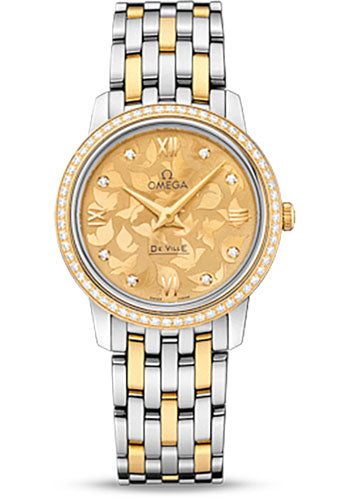 Omega De Ville Prestige Quartz Watch - 27.4 mm Steel Case - Diamond-Set Yellow Gold Bezel - Champagne Diamond Dial - Yellow Gold-Steel Bracelet - 424.25.27.60.58.002