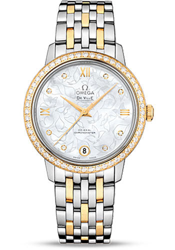 Omega De Ville Prestige Co-Axial Watch - 32.7 mm Steel Case - Diamond-Set Yellow Gold Bezel - Mother-Of-Pearl Diamond Dial - Yellow Gold-Steel Bracelet - 424.25.33.20.55.004