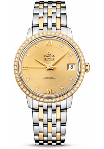 Omega De Ville Prestige Co-Axial Watch - 32.7 mm Steel And Yellow Gold Case - Diamond Bezel - Champagne Diamond Dial - 424.25.33.20.58.001