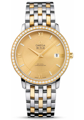 Omega De Ville Prestige Co-Axial Watch - 36.8 mm Steel And Yellow Gold Case - Diamond Bezel - Champagne Diamond Dial - 424.25.37.20.58.001
