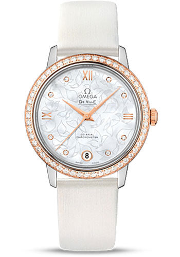Omega De Ville Prestige Co-Axial Watch - 32.7 mm Steel Case - Diamond-Set Red Gold Bezel - Mother-Of-Pearl Diamond Dial - White Satin-Brushed Leather Strap - 424.27.33.20.55.001