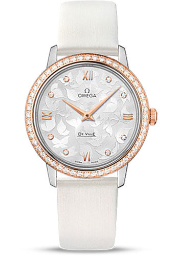 Omega De Ville Prestige Quartz Watch - 32.7 mm Steel Case - Diamond-Set Red Gold Bezel - Silver Diamond Dial - White Satin-Brushed Leather Strap - 424.27.33.60.52.001