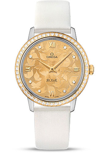 Omega De Ville Prestige Quartz Watch - 32.7 mm Steel Case - Diamond-Set Yellow Gold Bezel - Champagne Diamond Dial - White Satin-Brushed Leather Strap - 424.27.33.60.58.001