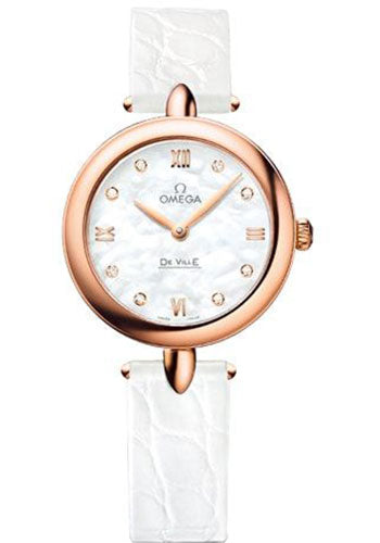 Omega De Ville Prestige Quartz Dewdrop Watch - 27.4 mm Red Gold Case - Mother-Of-Pearl Dial - White Leather Strap - 424.53.27.60.55.002