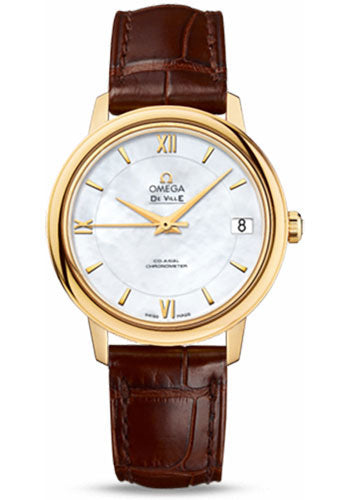 Omega De Ville Prestige Co-Axial Watch - 32.7 mm Yellow Gold Case - Mother-Of-Pearl Dial - Brown Leather Strap - 424.53.33.20.05.002