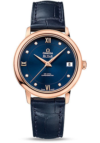 Omega De Ville Prestige Co-Axial Watch - 32.7 mm 18K Red Gold Case - Blue Diamond Dial - Blue Leather Strap - 424.53.33.20.53.001