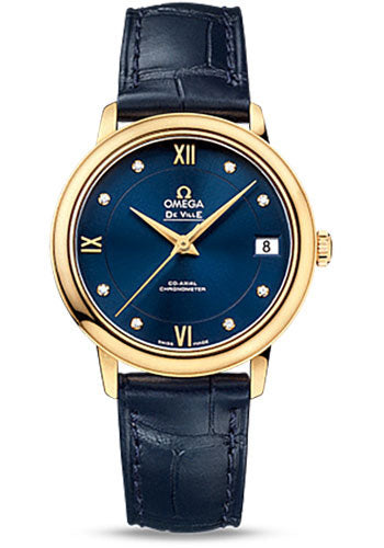 Omega De Ville Prestige Co-Axial Watch - 32.7 mm 18K Yellow Gold Case - Blue Diamond Dial - Blue Leather Strap - 424.53.33.20.53.002
