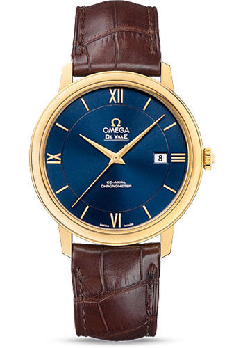 Omega De Ville Prestige Co-Axial Watch - 39.5 mm Yellow Gold Case - Blue Dial - Brown Leather Strap - 424.53.40.20.03.001
