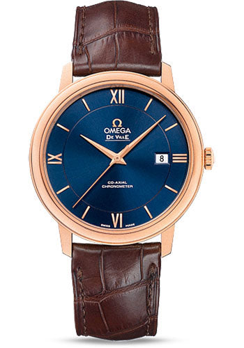 Omega De Ville Prestige Co-Axial Watch - 39.5 mm Red Gold Case - Blue Dial - Brown Leather Strap - 424.53.40.20.03.002