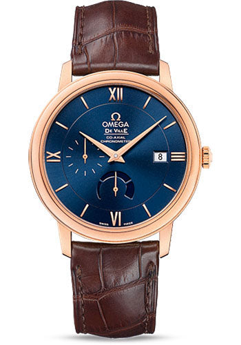 Omega De Ville Prestige Power Reserver Co-Axial Watch - 39.5 mm Red Gold Case - Blue Dial - Brown Leather Strap - 424.53.40.21.03.002