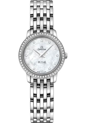Omega De Ville Prestige Quartz Watch - 24.4 mm White Gold Case - Diamond Bezel - Mother-Of-Pearl Diamond Dial - 424.55.24.60.55.003
