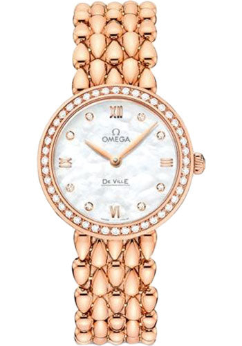 Omega De Ville Prestige Quartz Dewdrop Watch - 27.4 mm Red Gold Case - Radiant Diamond-Set Bezel - Mother-Of-Pearl Dial - 424.55.27.60.55.0043