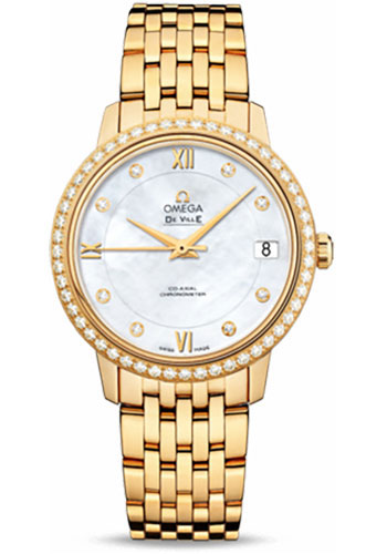 Omega De Ville Prestige Co-Axial Watch - 32.7 mm Yellow Gold Case - Diamond Bezel - Mother-Of-Pearl Diamond Dial - 424.55.33.20.55.001