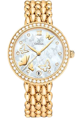 Omega De Ville Prestige Co-Axial Dewdrop Watch - 32.7 mm Yellow Gold Case - Delicate Diamond-Set Bezel - Ornate Dial - 424.55.33.20.55.008