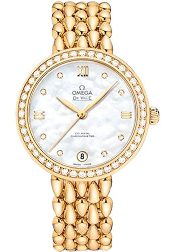 Omega De Ville Prestige Co-Axial Dewdrop Watch - 32.7 mm Yellow Gold Case - Radiant Diamond-Set Bezel - Ornate Dial - 424.55.33.20.55.009
