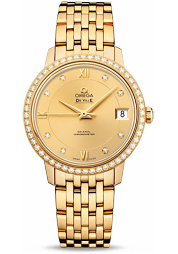 Omega De Ville Prestige Co-Axial Watch - 32.7 mm Yellow Gold Case - Diamond Bezel - Champagne Diamond Dial - 424.55.33.20.58.001