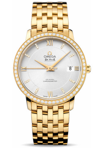 Omega De Ville Prestige Co-Axial Watch - 36.8 mm Yellow Gold Case - Diamond Bezel - Silver Diamond Dial - 424.55.37.20.52.002