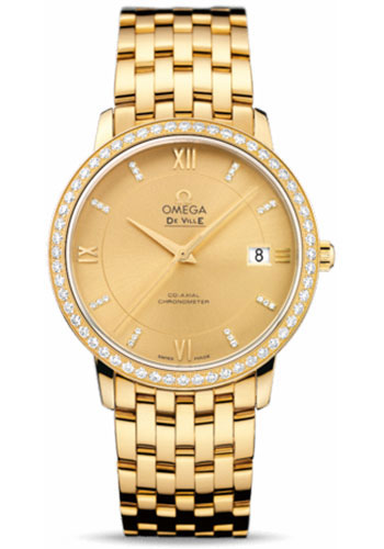 Omega De Ville Prestige Co-Axial Watch - 36.8 mm Yellow Gold Case - Diamond Bezel - Champagne Diamond Dial - 424.55.37.20.58.001