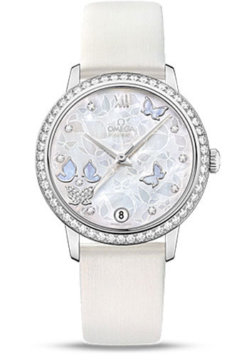 Omega De Ville Prestige Co-Axial Watch - 36.8 mm White Gold Case - Diamond Bezel - Mother-Of-Pearl Diamond Dial - White Leather Strap - 424.57.33.20.55.001