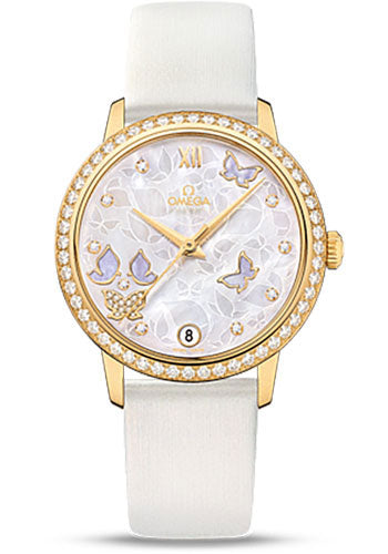 Omega De Ville Prestige Co-Axial Watch - 36.8 mm Yellow Gold Case - Diamond Bezel - Mother-Of-Pearl Diamond Dial - White Leather Strap - 424.57.33.20.55.003