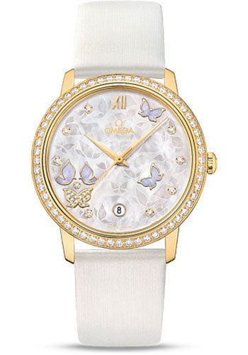 Omega De Ville Prestige Co-Axial Watch - 36.8 mm Yellow Gold Case - Diamond Bezel - Mother-Of-Pearl Diamond Dial - White Leather Strap - 424.57.37.20.55.001