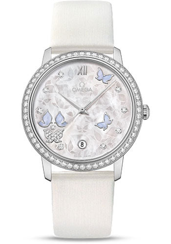 Omega De Ville Prestige Co-Axial Watch - 36.8 mm White Gold Case - Diamond Bezel - Mother-Of-Pearl Diamond Dial - White Leather Strap - 424.57.37.20.55.002