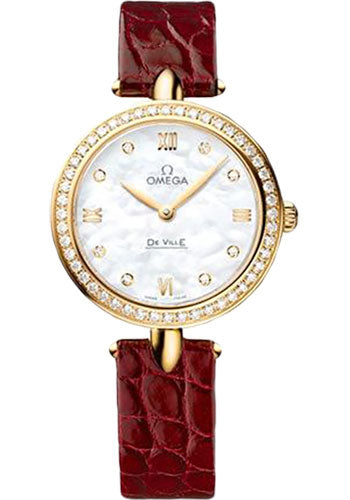 Omega De Ville Prestige Quartz Dewdrop Watch - 27.4 mm Yellow Gold Case - Radiant Diamond Paved Bezel - Mother-Of-Pearl Dial - Red Leather Strap - 424.58.27.60.55.001