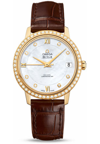 Omega De Ville Prestige Co-Axial Watch - 32.7 mm Yellow Gold Case - Diamond Bezel - Mother-Of-Pearl Diamond Dial - Brown Leather Strap - 424.58.33.20.55.002