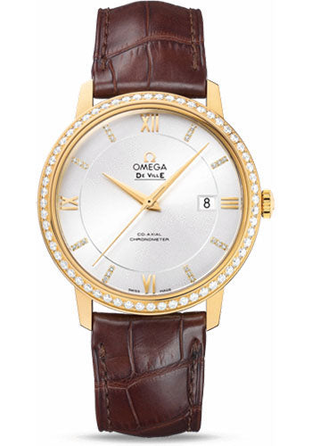 Omega De Ville Prestige Co-Axial Watch - 39.5 mm Yellow Gold Case - Diamond Bezel - Silver Diamond Dial - Brown Leather Strap - 424.58.40.20.52.001