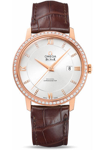 Omega De Ville Prestige Co-Axial Watch - 39.5 mm Red Gold Case - Diamond Bezel - Silver Diamond Dial - Brown Leather Strap - 424.58.40.20.52.002